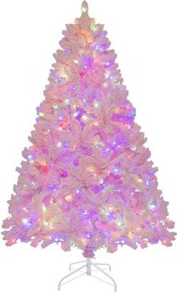 Tangkula 6FT Pink Artificial Christmas Tree Pre-lit Hinged Snow Flocked Xmas Tree with 808 Branch Tips 8 Lighting Modes