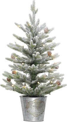 Puleo Pre-Lit Flocked Table Top Artificial Christmas Tree with 35 Lights in Metal Pot, 2'