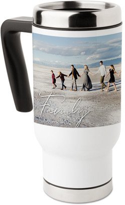 Travel Mugs: Scripted Family Collage Travel Mug With Handle, 17Oz, White