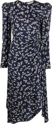 Butterfly-Print Draped Midi Dress