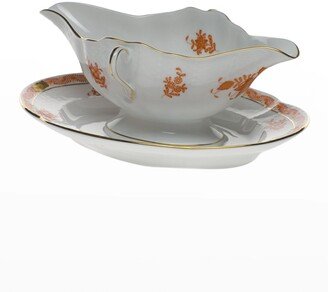 Chinese Bouquet Rust Gravy Boat with Fixed Stand