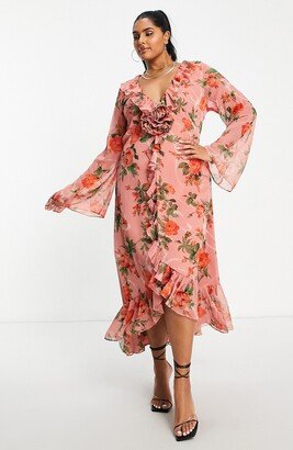 Curve Rose Print Long Sleeve Midi Dress