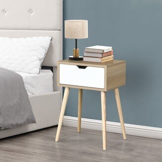 TOSWIN Side Table with 1 Drawer and Rubber Wood Legs, Mid-Century Modern Storage Cabinet Nigthstand for Bedroom Living Room