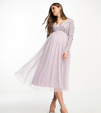 Beauut Maternity Bridesmaid long sleeve embellished midi dress in lilac