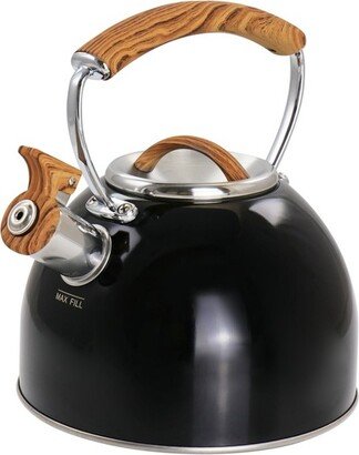 2 Quart Stainless Steel Whistling Tea Kettle with Wood Pattern Handle in Black