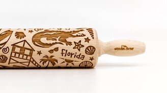 No. R355 USA Florida - Rolling Pin, Embossed Rolling Pin, Wooden Roller Engraved, Embossing Cookies, Toys, Stamp, Baking Gift