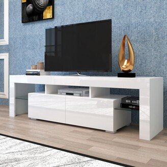 GEROJO 63''L Remote Control RGB LED Lights White TV Stand with 2 Storage Drawers, 3 Wood Shelf and 2 Side Glass Shelf