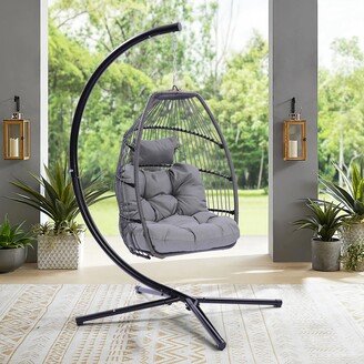 Outdoor Wicker Folding Hanging Egg Chair with Cushion and Pillow