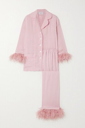 Net Sustain Feather-trimmed Crepe De Chine Pajama Set - Pink