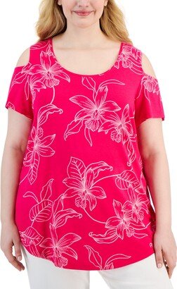 Plus Size Tropic Floral Cold-Shoulder Top, Created for Macy's