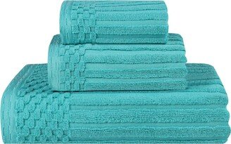 Soho Checkered Border Cotton Ribbed Textured Ultra-Absorbent Towel, 3 Piece Set