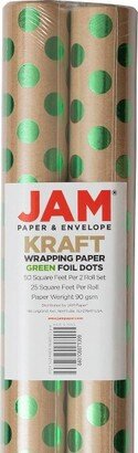 JAM Paper & Envelope 2ct Foil Dotted Gift Wrap Roll Green