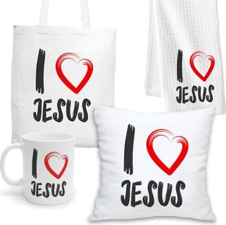 I Love Jesus Gift Set - Waffle Weave Towel Throw Pillow Cover Coffee Mug Canvas Tote Bag Religion Themed Gifts For Family