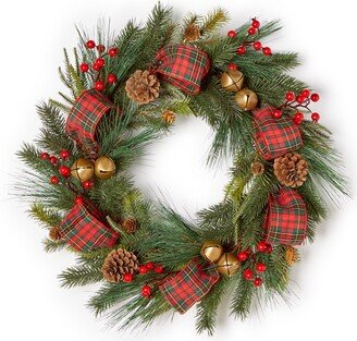 Christmas Cheer Plaid Ribbon Glitter Pine Wreath, Created for Macy's