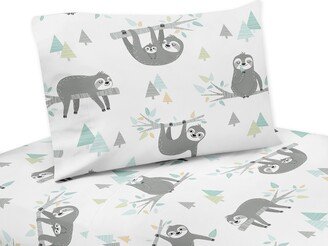 Blue and Grey Jungle Sloth Leaf 4-piece Queen Sheet Set - Turquoise Gray Green Tropical Botanical Rainforest
