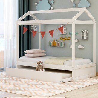 TONWIN Wood Kids Bed House Bed with Trundle, can be Decorated, White