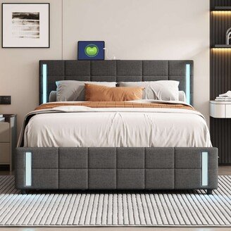 Queen Size Upholstered Platform Bed with LED Lights and USB Charging, Storage Bed with 4 Drawers