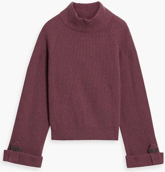 Bead-embellished ribbed cashmere turtleneck sweater