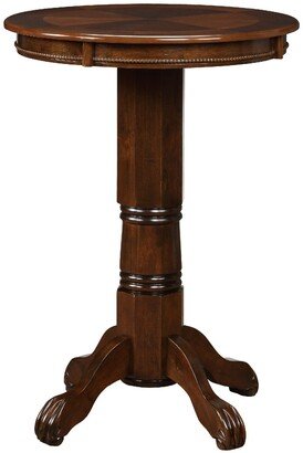 Ava 42 Inch Wood Pub Bar Table, Sunburst Design, Carved Pedestal, Cappuccino