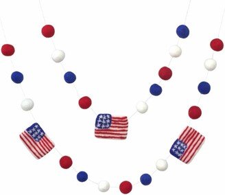 American Flag Garland With Felt Balls- Red White Blue- Holiday Party- Memorial Day- Fourth July- 1 Balls, 2.5 Flags - 100% Wool