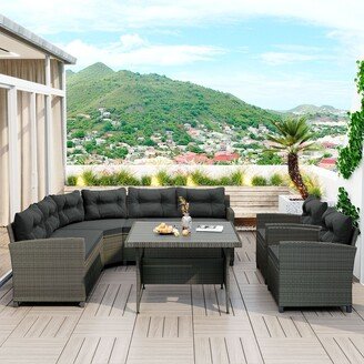 RASOO 6-Pcs Outdoor Rattan Wicker Round Corner Sectional Sofa Set with Plywood 40x40 inch Large Coffee Table and Cushions&Pillows