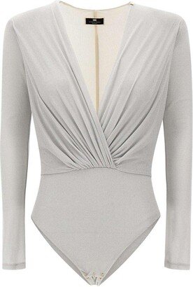 Plunge-style Gathered Lurex Bodysuit