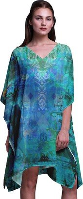 Phagun Green Mughal Monuments Womens Short Beach Kaftan Beachwear Bikini Coverup Midi Dress-S-L