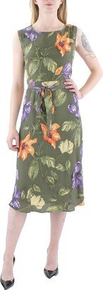 Womens Belted Floral Midi Dress