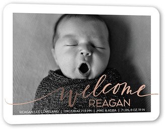 Birth Announcements: Cursive Welcome Birth Announcement, Rose Gold Foil, White, 5X7, Matte, Personalized Foil Cardstock, Rounded