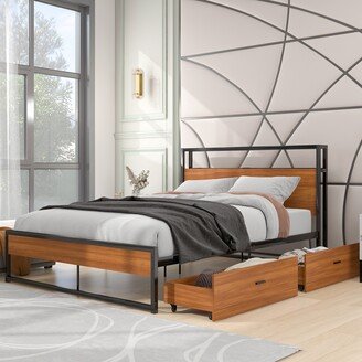 TOSWIN Metal Platform Bed Frame with Wooden Headboard, 2 Oversized Storage Drawers, Sockets, USB Ports - Full