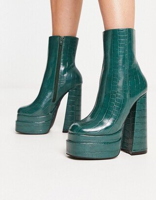 double platform high ankle boots in green croc