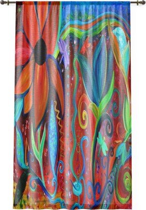 Abstract Floral Orange, Blue Contemporary Intuitive Art Sheer Window Curtains