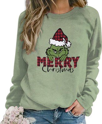 PORCLAY Merry Christmas Sweatshirts for Women Funny Grinch Crew Neck Sweatshirt Casual Fall Winter Loose Long Sleeve Pullover Olive Green XL