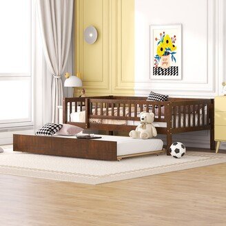 Calnod Walnut and Natural Twin Size Wood Daybed with Trundle and Fence Guardrails - Sturdy and Safe Sleeping Solution
