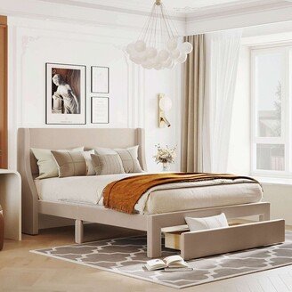 BEYONDHOME Velvet Upholstered Platform Bed with a Big Drawer