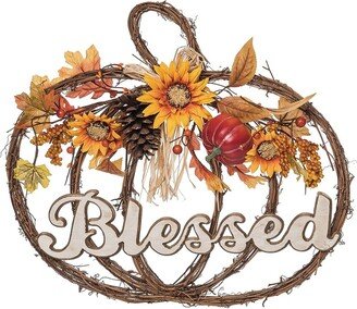 Metal 20In Multicolored Harvest Twig Pumpkin Shaped Blessings Wreath