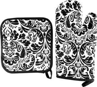 Oven Mitt And Pot Holder Set, Quilted And Flame And Heat Resistant By Hastings Home (Black)