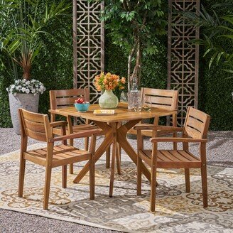 Stamford Outdoor 5 Piece Acacia Wood Dining Set wit X Base