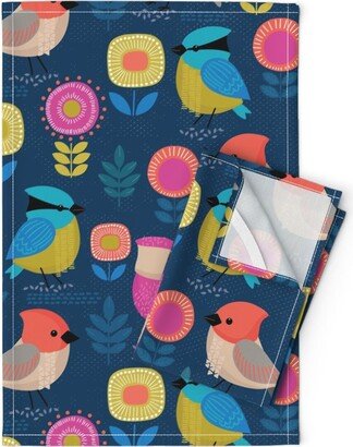 Garden Tea Towels | Set Of 2 - Tweeters By Mandykippax Birds Flowers Nature Blue Red Linen Cotton Spoonflower