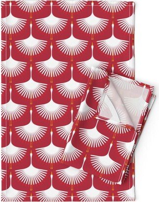 Crimson Swans Tea Towels | Set Of 2 - Art Deco By Katerhees Cranes Maximalist Red Linen Cotton Spoonflower