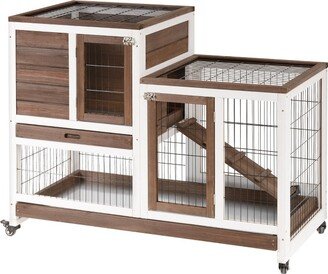 Wooden Rabbit Hutch Elevated Bunny Cage Indoor Small Animal Habitat with Enclosed Run with Wheels, Ramp, Removable Tray for Guinea Pigs, Brown