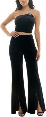 Alex & Sophia Alex Sophia Juniors Rhinestone Strap Sleeveless Velvet Top Velvet Pull On Front Slit Pants