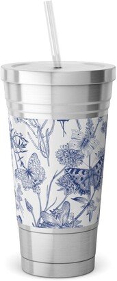 Travel Mugs: Butterflies And Wild Flowers Stainless Tumbler With Straw, 18Oz, Blue