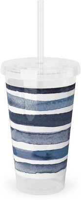 Travel Mugs: Watercolor Stripes - Blue Acrylic Tumbler With Straw, 16Oz, Blue