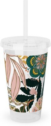 Travel Mugs: Boho Tropical - Floral - Multi Light Acrylic Tumbler With Straw, 16Oz, Multicolor