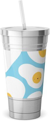 Travel Mugs: Cute Fried Eggs - Blue Stainless Tumbler With Straw, 18Oz, Blue