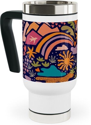 Travel Mugs: Ditsy Outdoor Adventure - Dark Blue Travel Mug With Handle, 17Oz, Multicolor