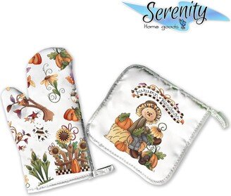 Decorative Kitchen Hot Plate Pot Holder Oven Mitt Set | Autumn Blessings Fall Scarecrow Pumpkin