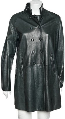 Dark Green Leather Button Front Mid Length Coat M