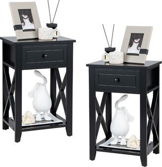 2 PCS Nightstand Sofa Side End Table W/ Drawer & Shelf Bedroom Black